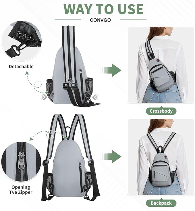 Small Crossbody Bag Casual Sling Bag for Men, Convertible Backpack, 3-in-1 Anti-Theft Shoulder Bag Trendy Daypack for Travel, Light Grey