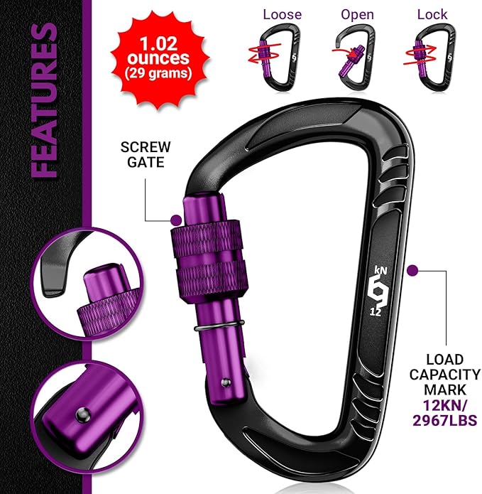 Rhino Produxs 12kN (2697 lbs) Heavy Duty Carabiner Clips, for Securing Pets, Outdoor, Camping, Hiking, Hammock, Dog Leash Harness, Keychains