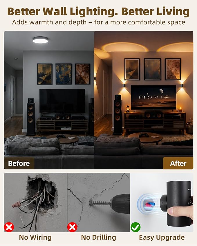 EZVALO Motion Sensor Wall Light, 4000mAh Rechargeable Battery Operated Wall Sconce, RGB & 3 Color Temps with Remote, Wireless Ambient Light for Living Room, Hallway, Apartment (2 Pack, Black)