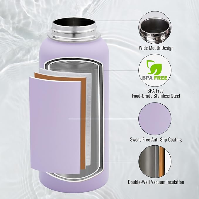 Fijinhom 32 oz Insulated Water Bottle with Handle, 304 Stainless Steel Water Bottles with Wide Mouth, Double Wall Vacuum Sports Water Bottle, BPA Free, Keep Cold and Hot, Purple
