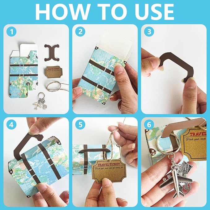 50 Set World Map Mini Suitcase Favor Boxes Party Favor Candy Box with Airplane Keychains Travel Ticket and Burlap Twine for Travel Themed Party, Bridal Shower, Wedding Decorations