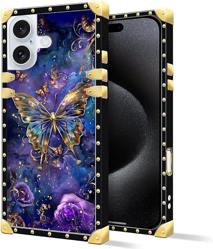 Compatible with iPhone 16 Case, Glistening Golden Butterfly Vibrant Purple Blue Luxury Golden Decoration for Girl Women Soft TPU Shockproof Protective Hard PC Back