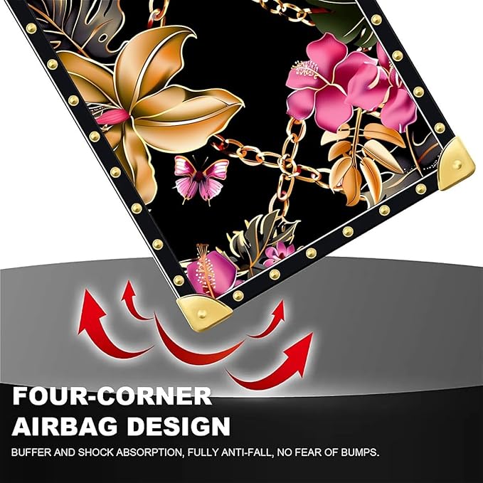 Compatible with iPhone 16 Pro Max Case, Pink Golden Chain Tropical Flower Luxury Golden Decoration for Girl Women Soft TPU Shockproof Protective Hard PC Back