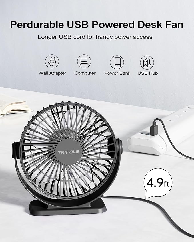 TriPole Small Desk Fan USB Powered Portable Fan 3 Speeds Strong Airflow Mini Fan 360°Rotation Personal Table Fans for Home Office Bedroom Desktop, 5.1 Inch Black, 4.9ft Cable