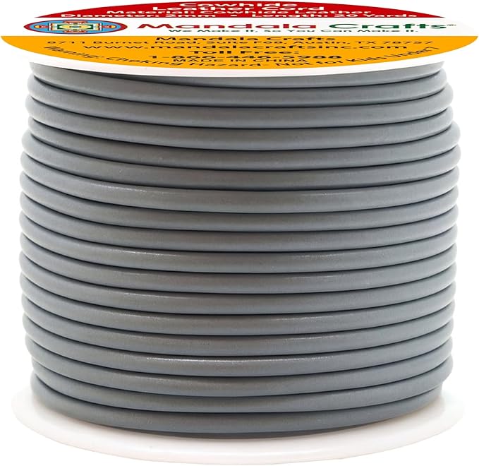 Mandala Crafts Round Genuine Gray Leather Cord for Jewelry Making – 2mm Cowhide Leather Rope String Lace for Kumihimo – 20 Yards Cowhide Craft Cording Spool