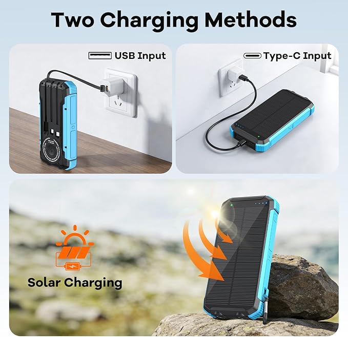 ERRBBIC Solar Charger Power Bank 20000mAh, Portable Wireless Charger, 15W Fast Charging External Battery Pack with Dual Flashlight and USB C Outputs, Outdoor Mobile Power Compatible with Cell Phones