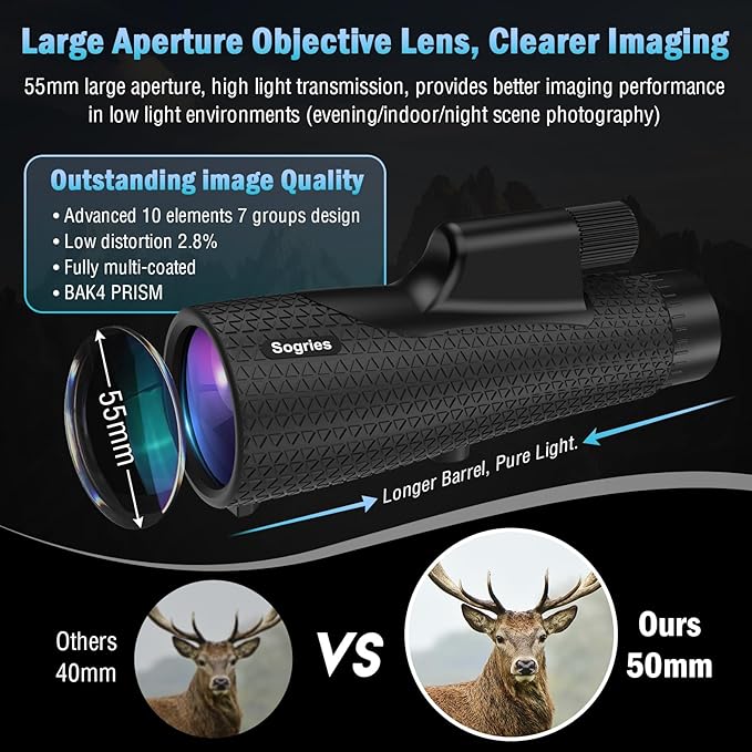 15×55 Monocular Telescope, HD High Powered with Tripod and Phone Adapter, BAK4 Prism, Waterproof & Fogproof, Lightweight for Bird Watching Hunting Hiking and Landscape Photography