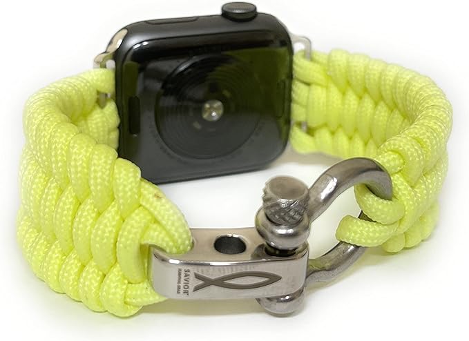 Savior Survival Gear Apple Watch Band 38mm Replacement Survival Paracord Watch Band with Stainless Steel Adjustable Shackle (550 Paracord, Large) (Glow in the Dark Yellow)