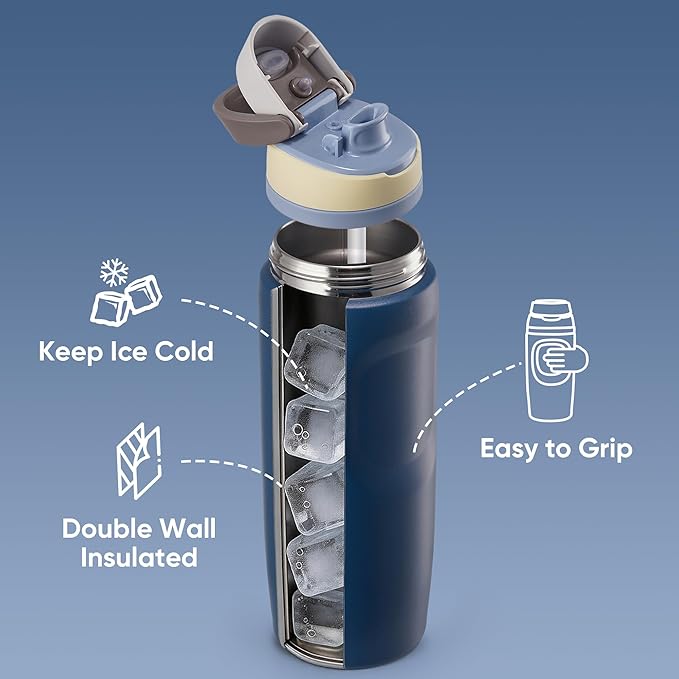 Fijinhom 24 oz Insulated Water Bottle,Stainless Steel Sports Water Bottle with Straw, Double Wall Vacuum Leak Proof, Cold for 24 Hours, BPA Free for Travel, Sport, Outdoor, Dark Blue