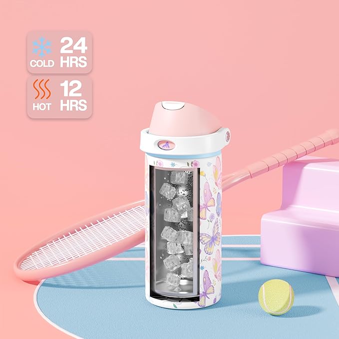 POWCAN 18 oz Insulated Water Bottle: 2-in-1 Push-Button Spout & Quick-Flip Straw Lid, Leakproof, Cold 24Hrs, Fits Car Cup Holder, Stainless Steel Bottle for Sports, Travel, School (Butterfly Garden)
