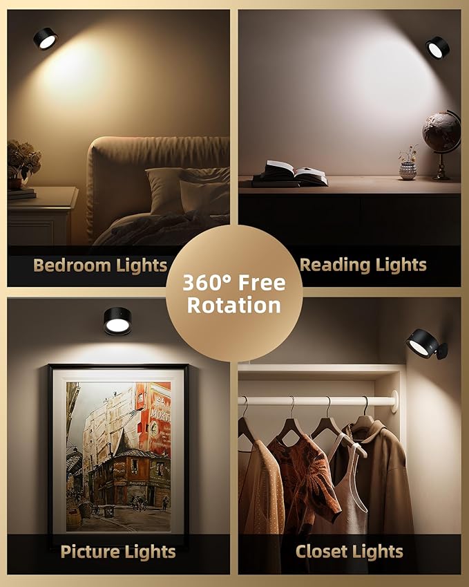 LED Wall Mounted Lights, Rechargeable Wall Sconce Lamps, 3 Color Temps & Remote and Touch, 360° Rotation Dimmable Cordless Wall Light for Study Bedroom Reading Bedside (Black, 2 Pack)
