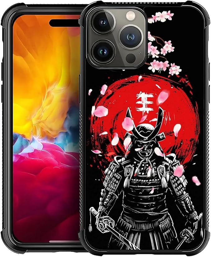 for iPhone 15 Pro Case, Sakura Japanese Samurai Pattern Graphic Design Girl Boy Soft Silicone Hard Acrylic Shock Protection for iPhone 15 Pro