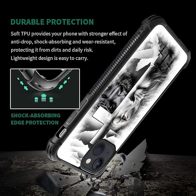 for iPhone 15 Case, Lion Cross Jesus Christ Dove Pattern Graphic Design Girl Boy Soft Silicone Hard Acrylic Shock Protection for iPhone 15