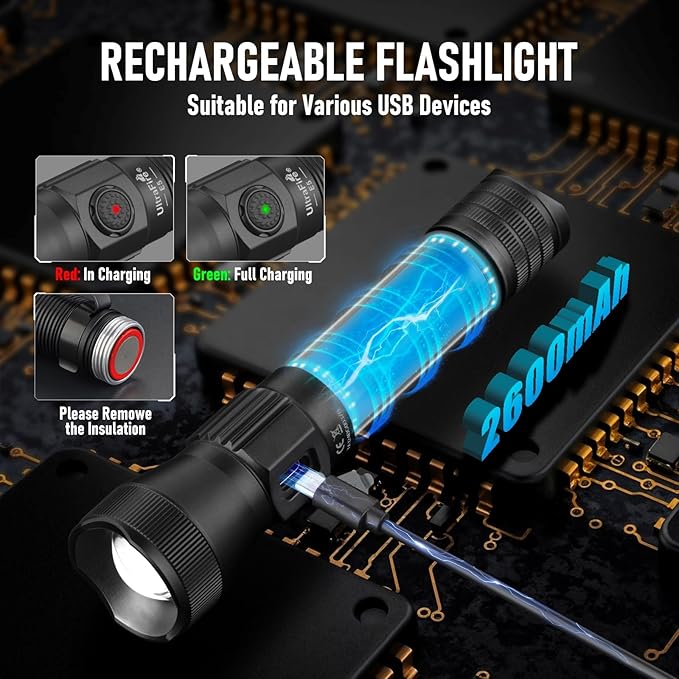 ULTRAFIRE Tactical EDC Flashlight with Holster,1350 High Lumens Rechargeable Police Flashlight with Belt Holder,Zoomable LED Flashlights for Emergency,Law Enforcement Torch E5