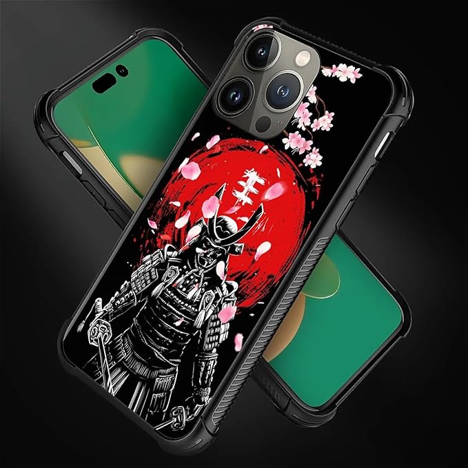 for iPhone 14 Pro Case, Sakura Japanese Samurai Pattern Graphic Design Girl Boy Soft Silicone Hard Acrylic Shock Protection for iPhone 14 Pro