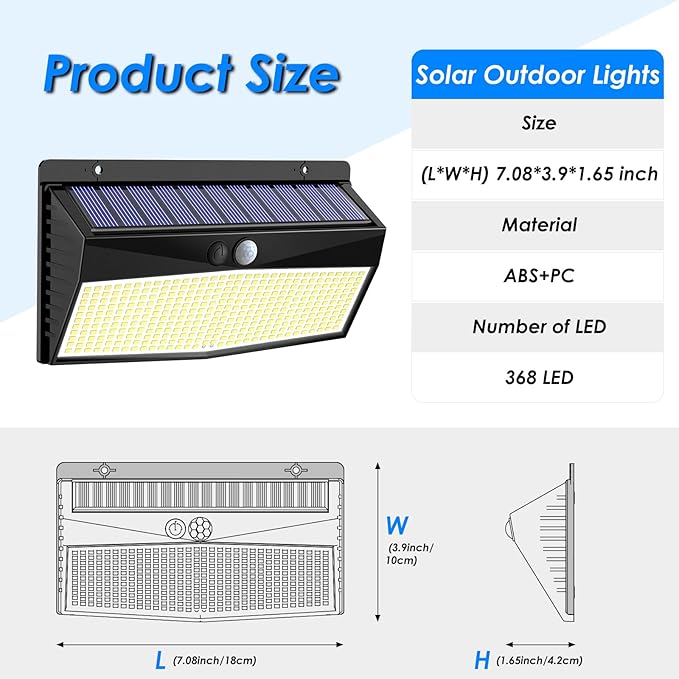 4 Pack 368 LED Solar Motion Sensor Lights Outdoor, Solar Fence Lights with 3 Lighting Modes, Solar Powered Security Lights Waterproof for Outside Yard Wall Garden Backyard Step Garage