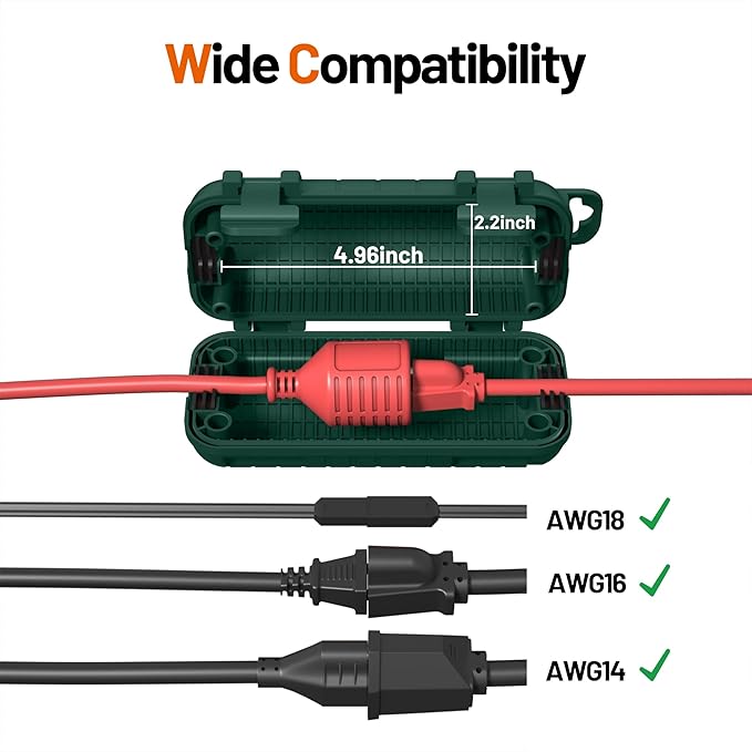 Extension Cord Cover Outdoor, IP54 Water-Resistant Power Cord Protector Electrical Connection Box Outside Weatherproof Cable Safety Cover for Electronics Plug Outlet Tool Holiday Light, Green
