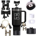 6pcs Black Stanley Cup Accessories Set, Bow Straw Topper for Stanley Cup 30oz 40oz, Including Straw Topper and Bow Silicone Boot, Stoppers Spill Proof, Handle Charm, Initials Sticker