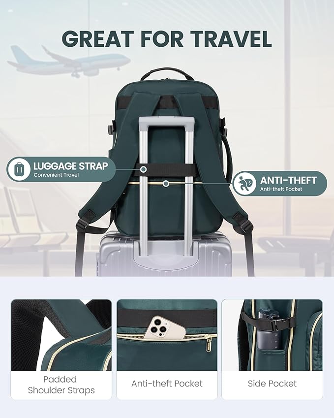 LOVEVOOK Travel Backpack for Women & Men 50L,Airline Approved Carry On Backpack Travel Essentials,TSA Carry on Luggage,Waterproof Personal Item Travel Bag,Suitcase with 3 Packing Cube,Dark green-Black