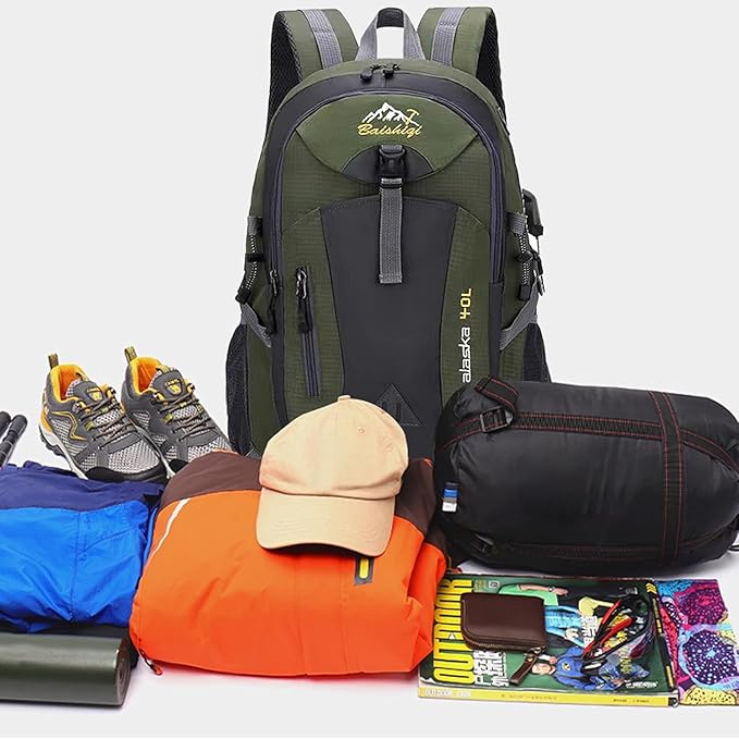 40L Hiking Backpack, Lightweight Daypack for Men Women, Polyester Rucksack, Breathable Backpack with Multi Pockets for Camping Walking Commuting Outdoor Short Trips-Green