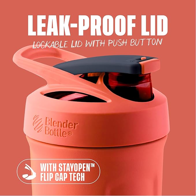BlenderBottle Sport Shaker Cup Insulated Stainless Steel Water Bottle with Wire Whisk, 24-Ounce, Full Color Coral