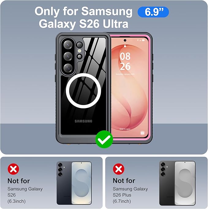 ANTSHARE IP68 Waterproof Case for Samsung Galaxy S26 Ultra [2026] - MagSafe Compatible, Built-in Screen/Lens Protector - Shockproof Full Body Protection for Swimming/Outdoor, Pink/Clear