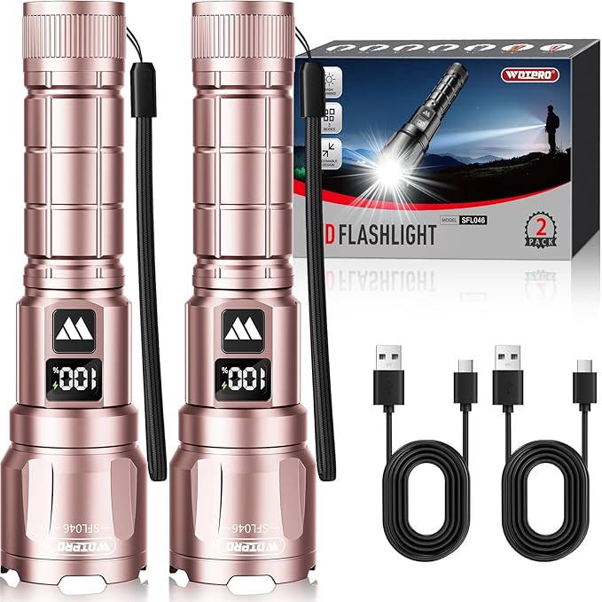 WdtPro LED Rechargeable Flashlight 2 Pack, Super Bright Zoomable 6000 Lumens Tactical Flashlight with LCD Digital Display, 3 Mode Waterproof Flash Light for Camping, Hunting & Home Emergency - Pink