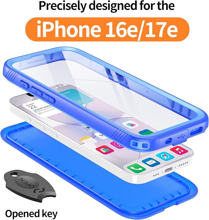 Cozycase TOP Protective Full Body Frosted Blue Case for iPhone 16e/iPhone 17e - Slim Shock Water Proof Protection Construction Builder Unbreakable Double Sided Bumper Armour Rugged Strong 16/17 e Case