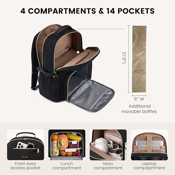 LOVEVOOK Lunch Backpack with Lunch Compartment,15.6 Inch Laptop Work Travel Insulated Cooler Backpack Purse,Waterproof College Teacher Nurse Lunch Bag Box with Tumbler Holder,Gifts for Men Women,Black