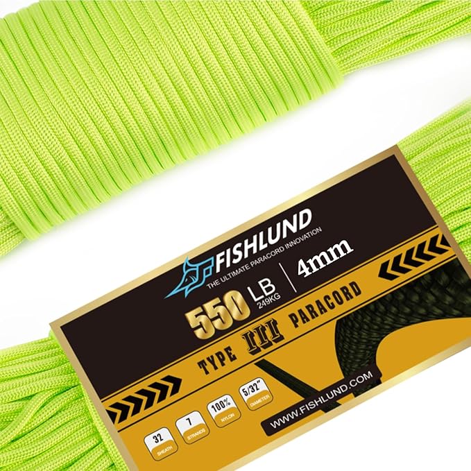 Paracord 550 lb, 7 Strand Paracord Rope 50ft 4mm, Nylon Parachute Cord for Camping, Neon Green