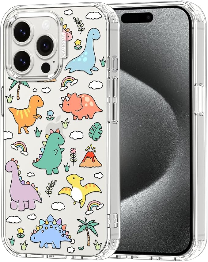 MOSNOVO Case for iPhone 15 Pro Max, [Buffertech 6.6ft Military-Grade Drop Protection] [Anti Peel Off Tech] Clear TPU Bumper Phone Case Cover Design - Dinosaur Land
