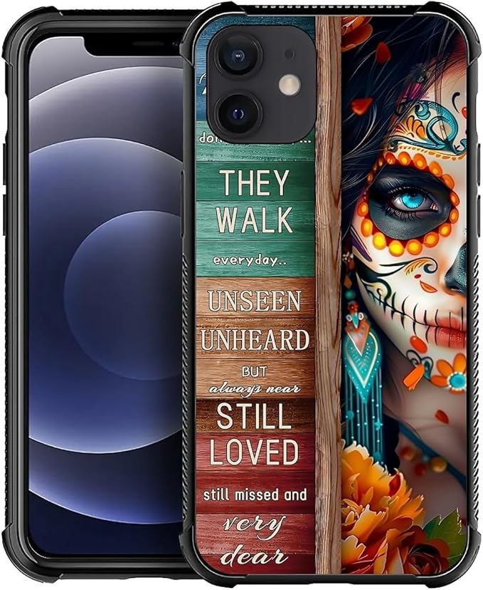 for iPhone 12/12 Pro Case, Sugar Skull Day of Death Halloween Pattern Graphic Design Girl Boy Soft Silicone Hard Acrylic Shock Protection for iPhone 12/12 Pro