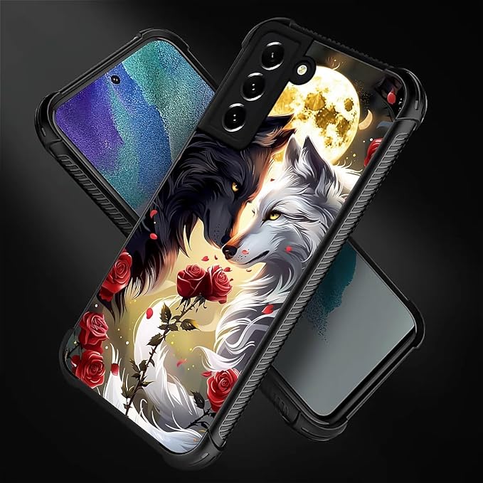 for Samsung Galaxy S21 Case, Black White Wolf Moon Flower Rose Pattern Graphic Design Girl Boy Soft Silicone Hard Acrylic Shock Protection for Samsung Galaxy S21