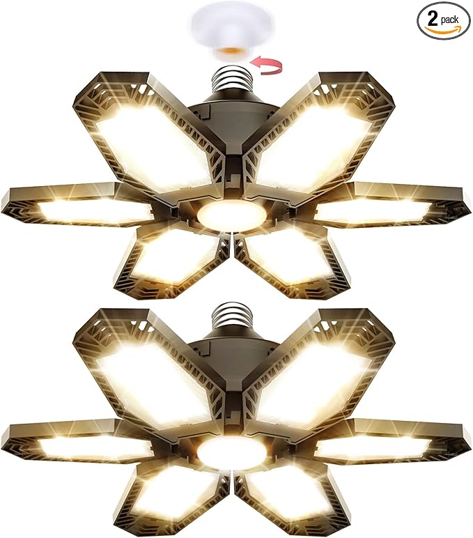 TANBABY 2 Pack LED Garage Lights, 150W Deformable Garage Light Bulb, Total 12000LM 3000K Warm White, 6 Adjustable Panels, E26/E27 Screw-in Ceiling Light for Basement, Gift for Men