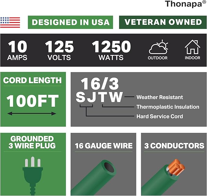 Thonapa Outdoor Extension Cord 100 FT with 3 Outlets - 16 Gauge Green Extension Cord with Multiple Outlets, 3 Prong Weatherproof 16/3 Great for Landscaping, Gardens, Lawn, Lights Decoration