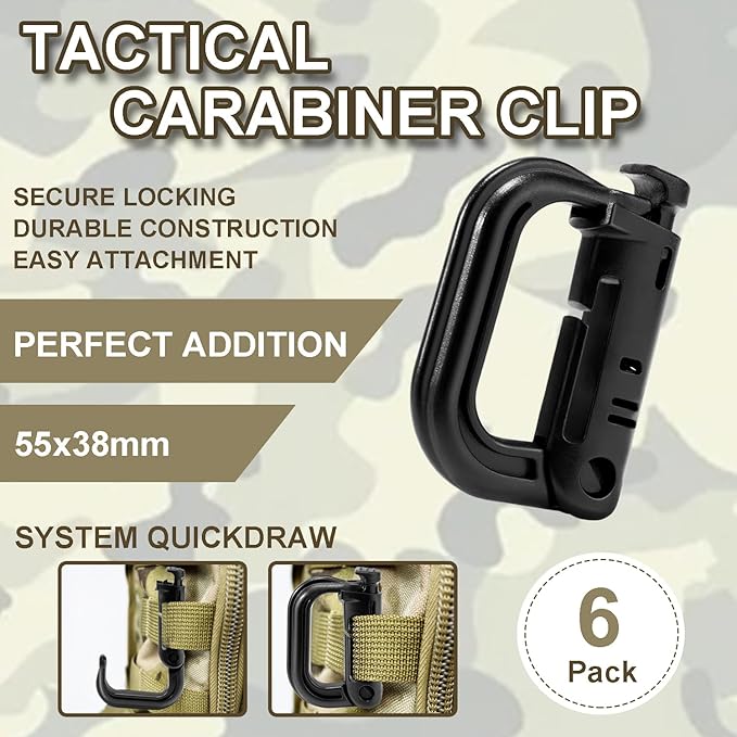 6 Pack 2.12“ Tactical Locking D Ring Plastic Carabiner Backapck Molle Hook Clip for Webbing Straps Bag