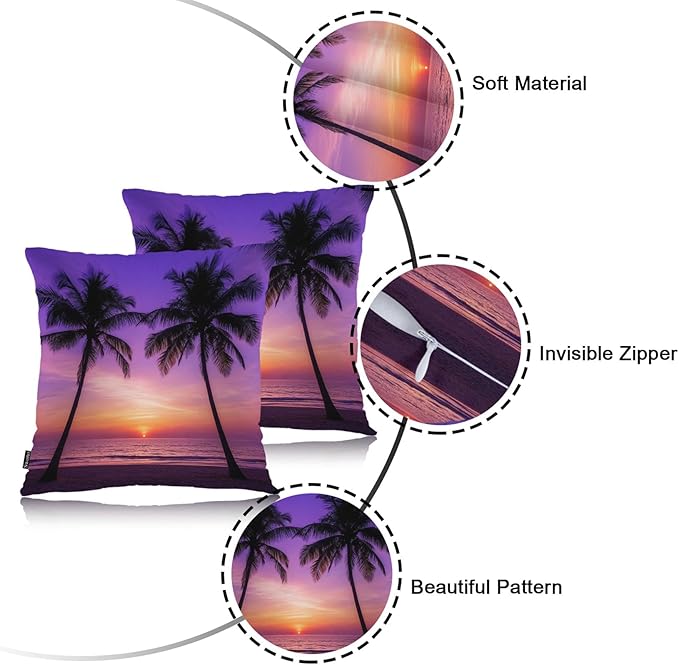 Swono Tropical Beach Throws Pillows Covers for Couch, Sunset Ocean Beach Palm Trees Decorative Pillow Cases for Men Women, Comfortable Pillow Cushion Cover Pack of 2 18"X18" for Home Sofa Bed Purple