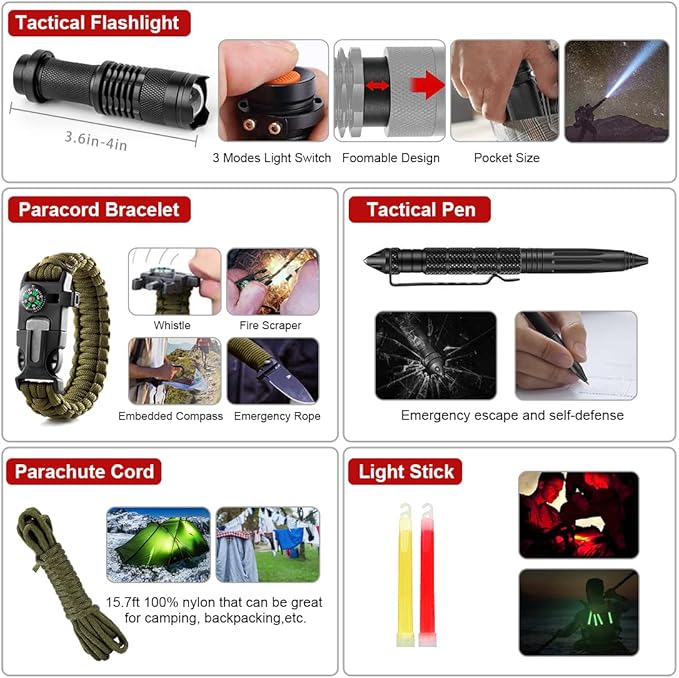 Survival Kit, 251 Pcs Survival Gear First Aid Kit with Molle System Compatible Bag and Emergency Tent, Emergency Kit for Earthquake, Outdoor Adventure, Hiking, Hunting, Gifts for Men Women