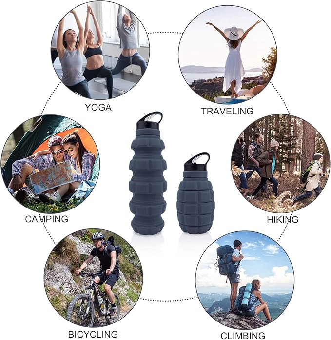 QiCheng&LYS 19.5oz Collapsible Travel Water Bottle, Reuseable BPA Free Silicone Foldable Water Bottles for Travel Gym Camping Hiking, Portable Leak Proof Sports Water Bottle with Carabiner(Gray)