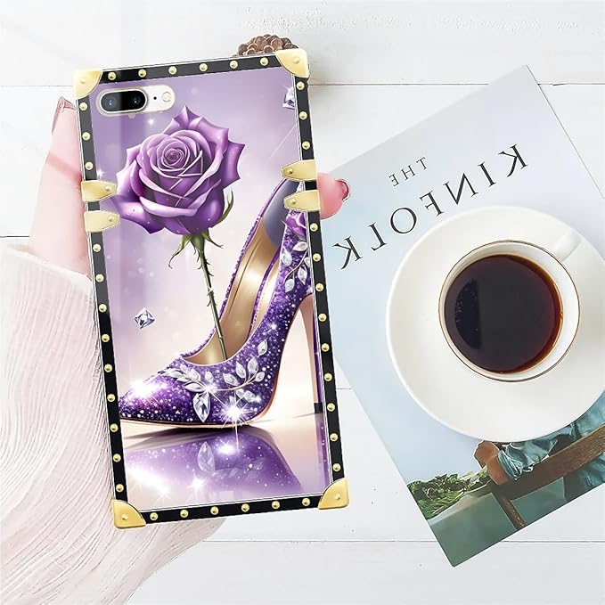 Compatible with iPhone 8 Plus 7 Plus Case, High Heeled Purple Diamond Rose Luxury Golden Decoration for Girl Women Soft TPU Shockproof Protective Hard PC Back for iPhone 8 Plus 7 Plus