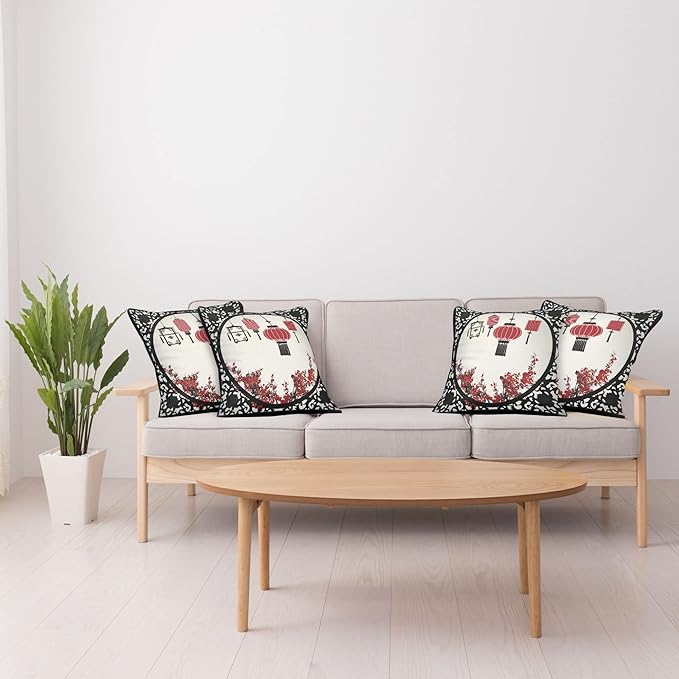 Ambesonne Lantern Throw Pillow Cushion Case Pack of 4, Lanterns with Japanese Sakura Cherry Blossom Trees Round Ornate Graphic, Modern Accent Double-Sided Digital Printing, 18", Red Beige