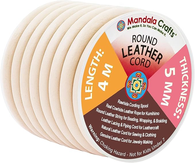 Mandala Crafts Round Genuine Cream Leather Cord for Jewelry Making – 5mm Cowhide Leather Rope String Lace for Kumihimo – 4.4 Yards Cowhide Craft Cording Spool