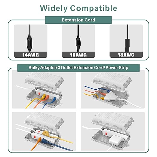 Outdoor Waterproof Electrical Box, 2 Pack Large Extension Cord Cover Protector Plug Connection Cable Safety Box IP54 Water-Resistant for Power Strip, Holiday Light and Decorations, Grey