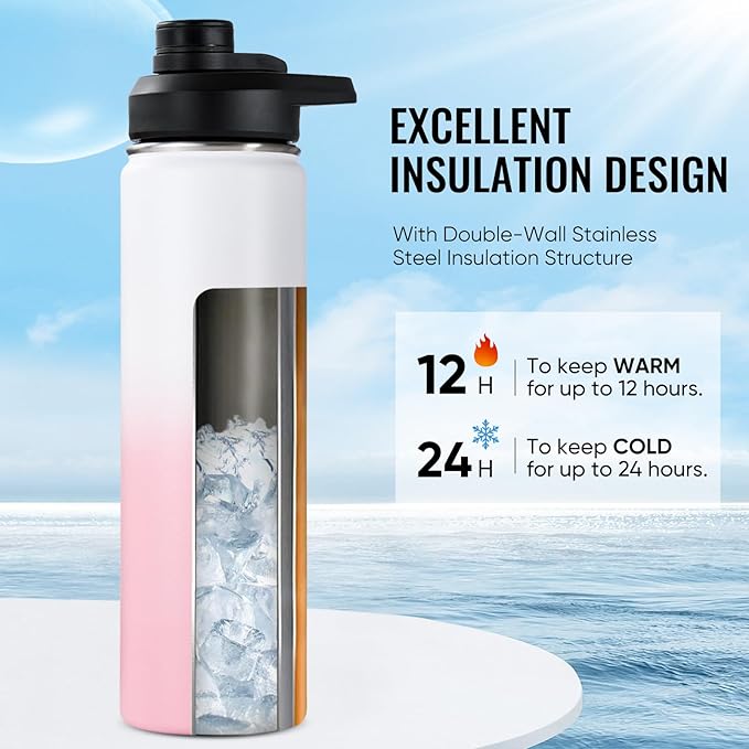 Fijinhom 24 oz Insulated Water Bottle with Handle, 304 Stainless Steel Water Bottles with Wide Mouth, Double Wall Vacuum Sports Water Bottle, BPA Free, Keep Cold and Hot, Strawberry Milk