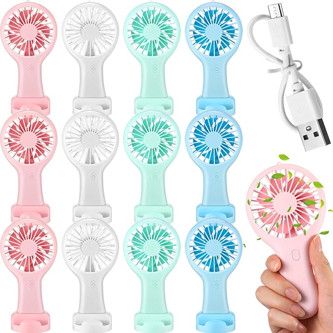 Woanger 12 Pcs Mini Handheld Fan Bulk 3 Speed USB Electric Battery Operated Small Portable Pocket Fan with Data Cable and Mounting Base Quiet Summer Gift for Wedding Camping Travel(Vibrant Colors)