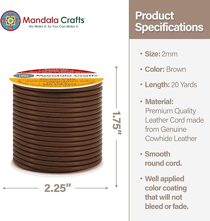 Mandala Crafts Round Cowhide Genuine Brown Leather Cord for Jewelry Making Kumihimo Leather Rope Spool - Brown String Lace - 20 Yds 2mm Cording