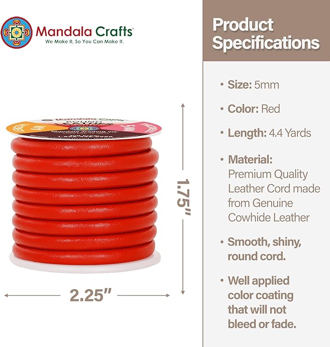 Mandala Crafts Round Genuine Red Leather Cord for Jewelry Making – 5mm Cowhide Leather Rope String Lace for Kumihimo – 4.4 Yards Cowhide Craft Cording Spool