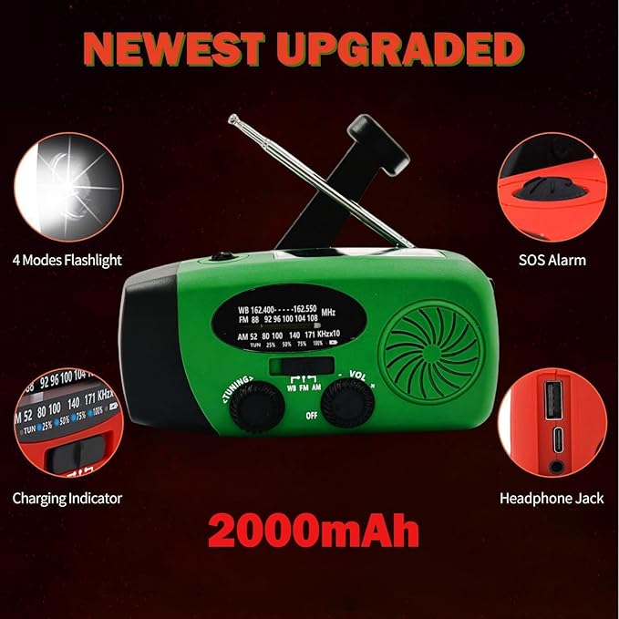 2000mAh Weather Emergency Radio, Portable Solar AM/FM/NOAA Hand Crank Radio, Cell Phone Charger with SOS, 1W LED Flashlight, Headphone Jack, Power for Emergency Preparedness (2000mAh Green)