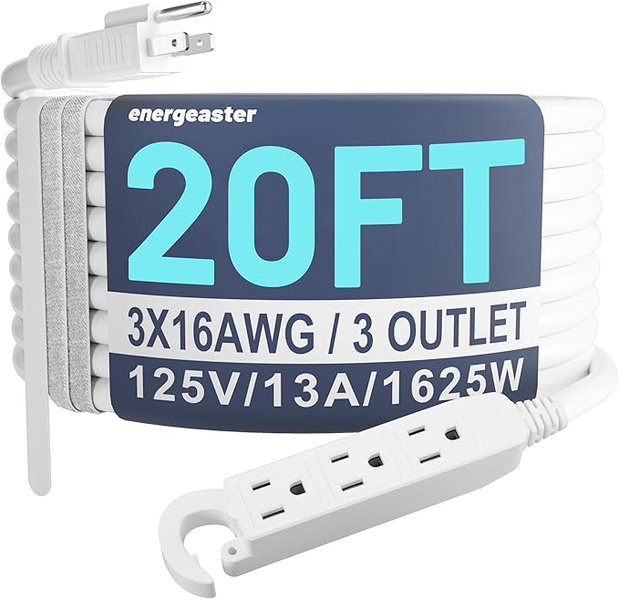 Energeaster 16/3 20Ft 3 Outlet Extension Cord Indoor, Outdoor White Extension Cords with Multiple Outlets Waterproof, 3 Prong with Multi Outlet 13A 1625W 16AWG, ETL Listed