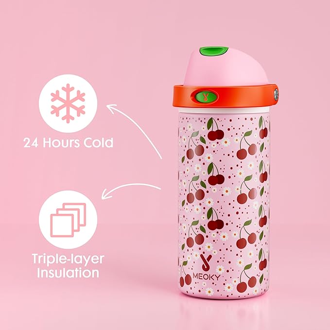 18 oz Insulated Water Bottle for Kids: Meoky Stainless Steel Water Bottle with 2-in-1 Straw and Spout Lid - Leak Proof, Cold for 24 Hours, BPA-Free for Girls School Sports, Sweet Cherry